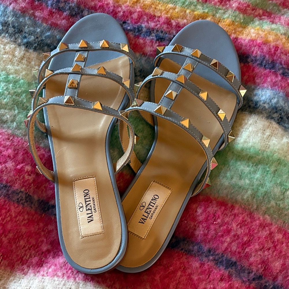 Valentino Garavani Gray and Gold Studded Sandals